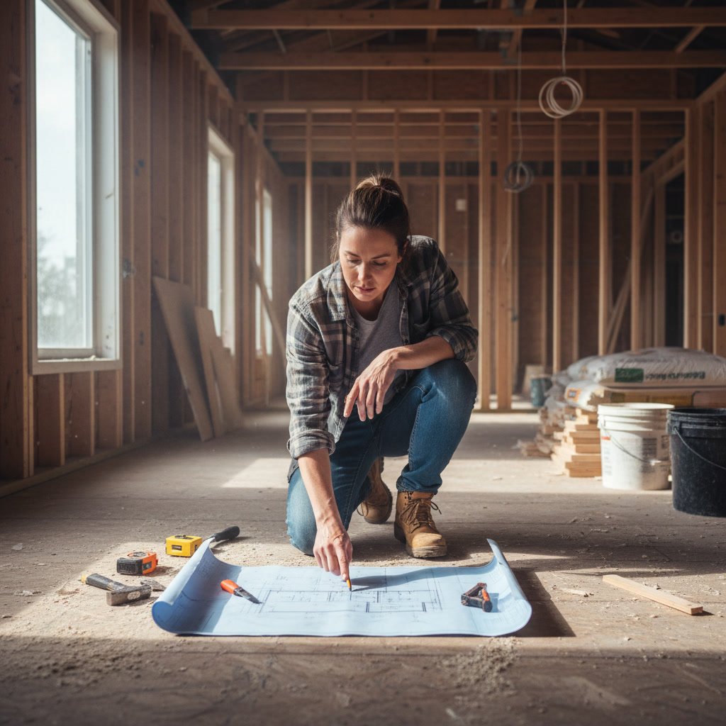 Contractor reviewing blueprints during home remodeling project in Denver