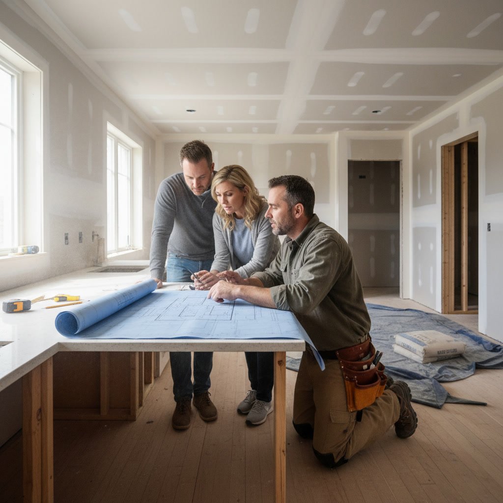 Contractor reviewing remodeling plans with homeowners in Aurora kitchen renovation