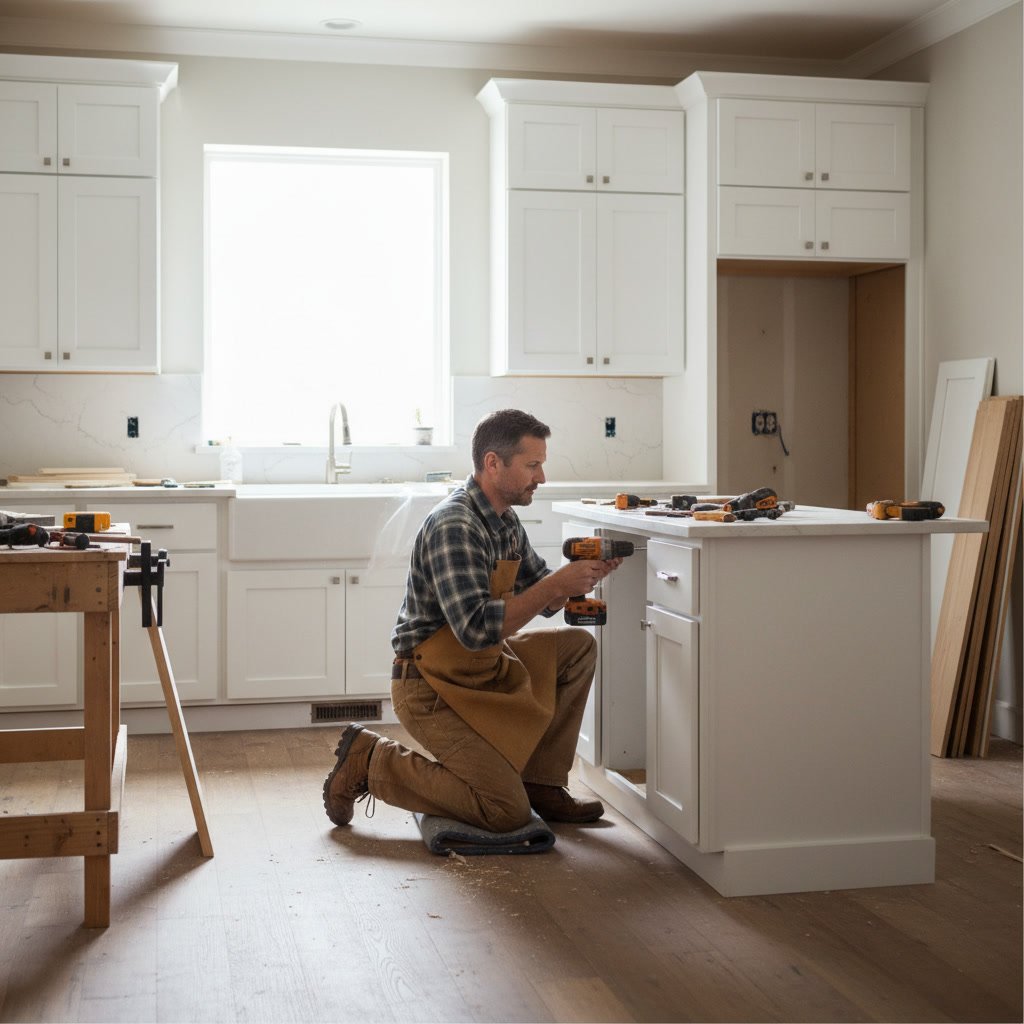 Carpenter installing custom white cabinetry in Centennial kitchen remodel