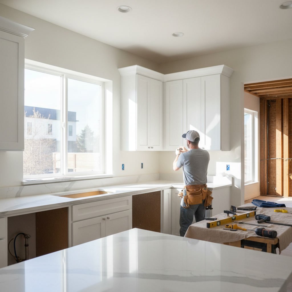 Contractor installing custom cabinets during Lakewood kitchen remodeling project