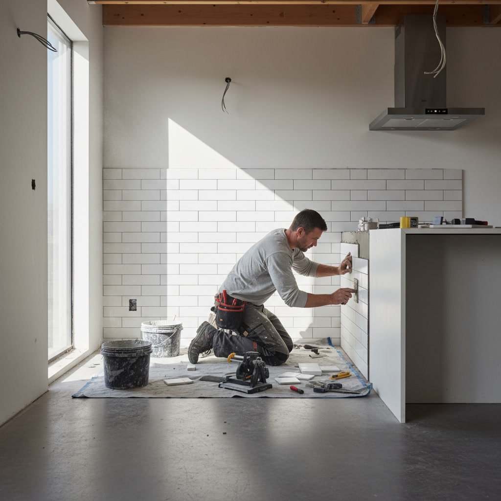 Contractor installing kitchen backsplash tile during home remodel in Thornton
