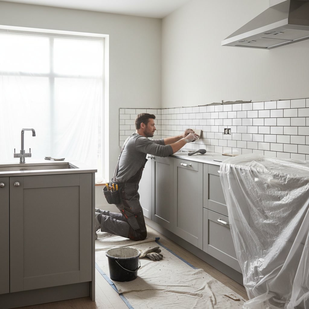 Contractor installing subway tile backsplash during kitchen remodel in Arvada