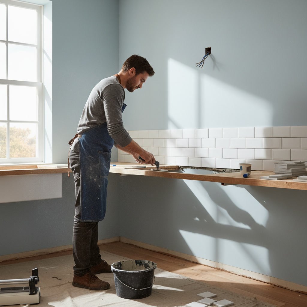 Contractor installing kitchen backsplash tile during remodel in Highlands Ranch home
