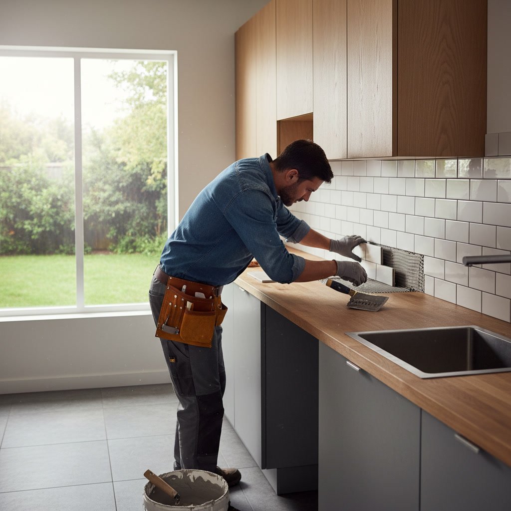 Contractor installing subway tile backsplash during kitchen remodeling in Castle Rock