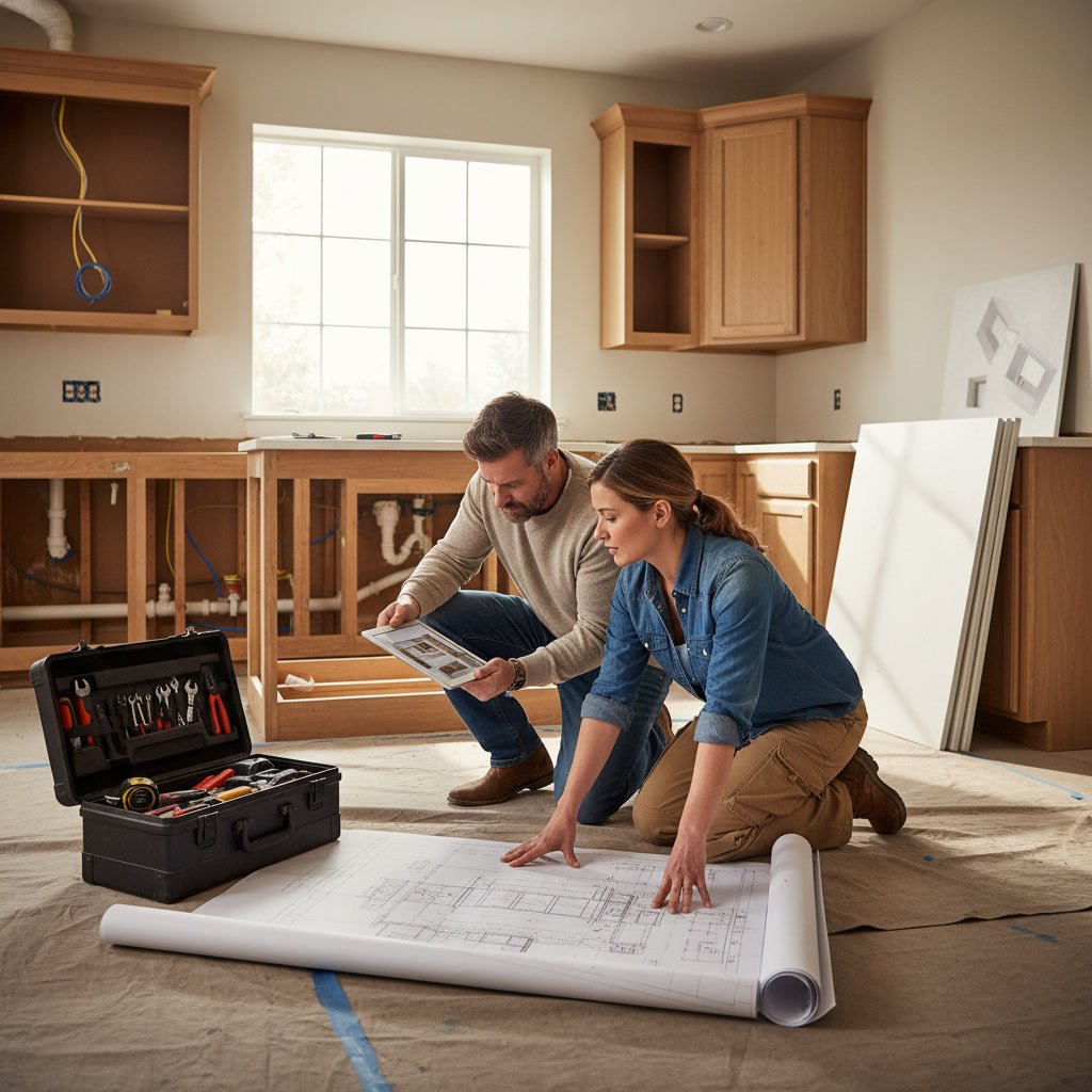 Contractor discussing kitchen renovation plans with homeowner in Broomfield